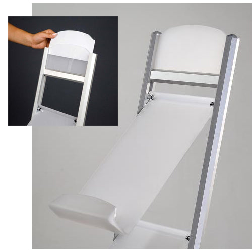 2-Tier Header Panel comes with a Permanent Frosted Acrylic Header along with a Clear Acrylic for Protection. Either slide in a paper header for easy changes, or print directly onto the Frosted Header.