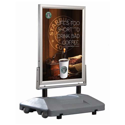 Silver Sidewalk Sign Holder in Satin Silver Frame with Grey Rolling Base