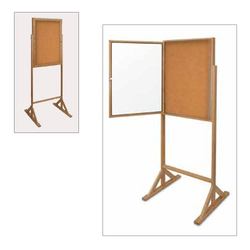 ENCLOSED DOUBLE PEDESTAL 30 x 36 CORK BOARD WOODEN OAK FLOOR SIGN STAND