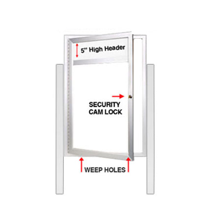 Outdoor Dry Erase Marker Board with Two Posts, Your Message Header, and LED Lights | Enclosed White Board Display Case in 7 Sizes