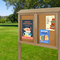 Free-Standing Outdoor Message Center, Cork Bulletin Board 45 x 36 with Posts | Eco-Design Faux Wood, Double Doors Information Board