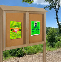 Eco-Design Outdoor Message Center + Cork Bulletin Board 48" x 36" with 2 Posts | Faux Wood, Double Door Information Boards