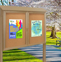 Eco-Design Outdoor Message Center + Cork Bulletin Board 48" x 36" with 2 Posts | Faux Wood, Double Door Information Boards