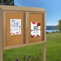 60 x 40 Outdoor Message Center Cork Bulletin Board with Posts | Double Doors Information Boards, Eco-Design Faux Wood