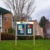 60" x 40" Outdoor Message Center on Posts, Eco-Design, Faux Wood, Two Door Information Board with Enclosed Cork Bulletin Board + Free Personalized Message Header
