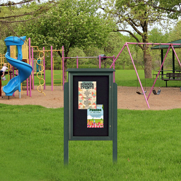 42 x 42 Outdoor Message Center with Posts + Cork Bulletin Board | with LEFT Hinged Door, Eco-Design Faux Wood Information Board