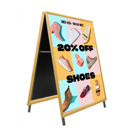 Portable, Foldable Wood A-Frame 17x23 Sign Holder | 1 1/4" Wide Snap Frame Profile in 3 Finishes
