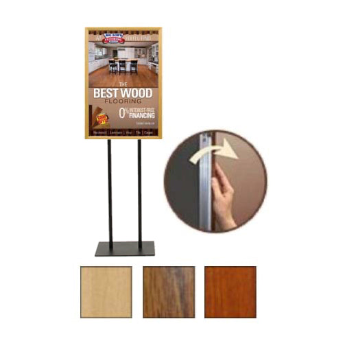 Double Pole Floor Stand 27x41 Sign Holder | Faux Wood Snap Frame with 1 1/4" Wide Profile | Three Finishes