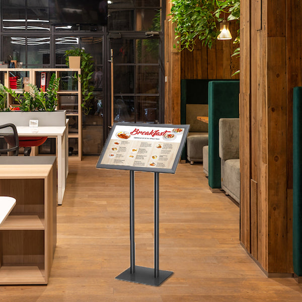 Angled 14" x 22" Sign Holder with Snap Frame on Double Pole Sign Stand with Steel Base - Display Menus, Signage, Ads, Information