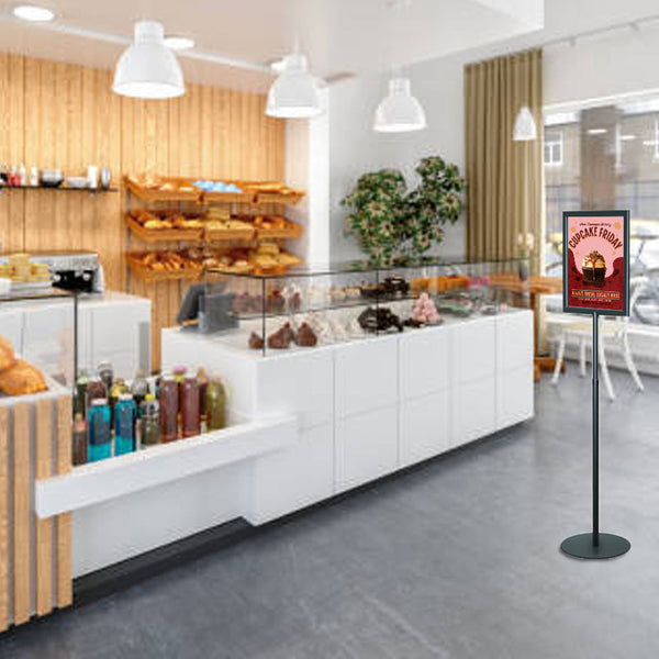 Adjustable 14"x 22" Pedestal Sign Holder Stand with Round Steel Base and Quick Slide-in Frame Design