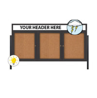 Freestanding 3 Door Enclosed Outdoor Bulletin Boards 96" x 30" Lighted w Message Header on Posts